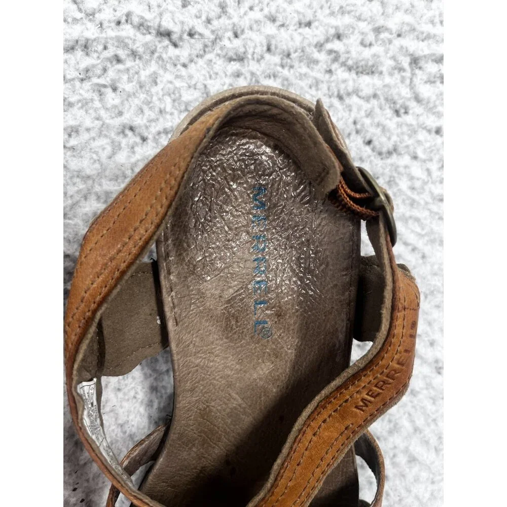 Women's Merrell Bassoon Tan Leather Strappy Open Toe Buckle Sandals Size 8 - Picture 4 of 10